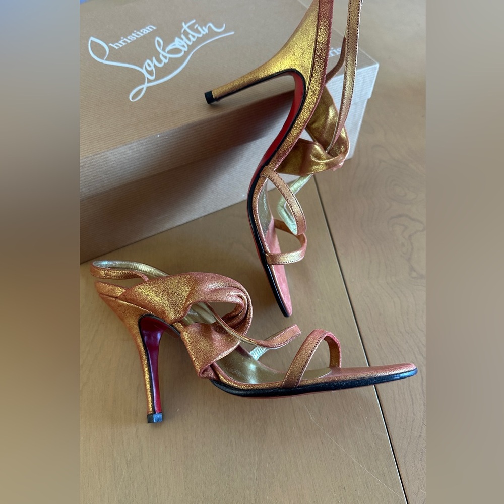 Christian Louboutin Vintage New In Box gold sheen/red strappy heels, Size 36.5